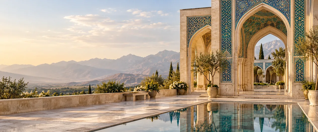An imagined Persian courtyard, turquoise arches and mountains